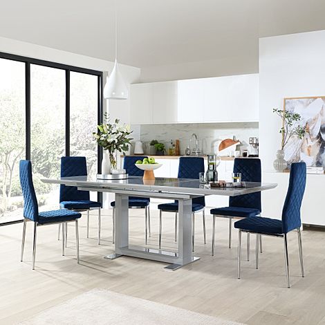 Tokyo Extending Dining Table & 4 Renzo Chairs, Grey High Gloss, Blue Classic Velvet & Chrome, 160-220cm