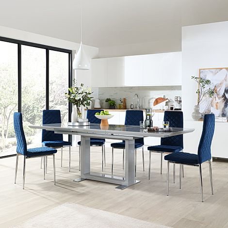 Tokyo Grey High Gloss Extending Dining Table with 6 Renzo Blue Velvet Dining Chair
