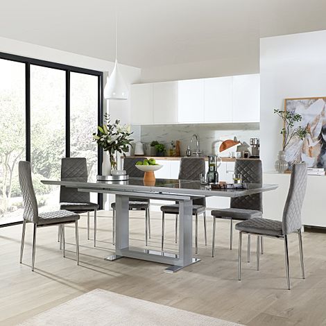 Tokyo Extending Dining Table & 6 Renzo Chairs, Grey High Gloss, Grey Classic Velvet & Chrome, 160-220cm