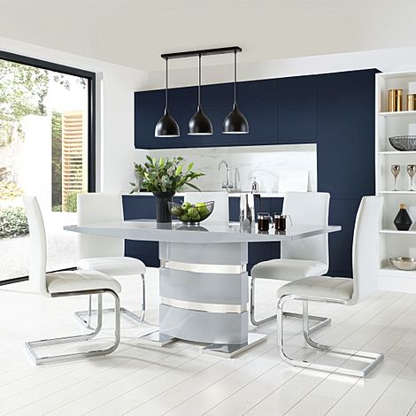 Komoro Grey High Gloss Dining Table with 4 Perth White Leather Chairs