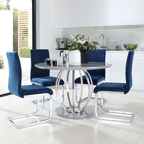 Savoy Round Grey High Gloss and Chrome Dining Table with 4 Perth Blue Velvet Chairs