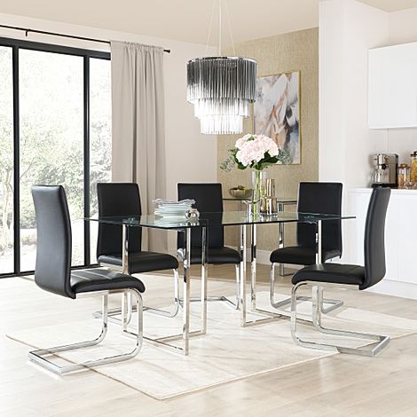 Lisbon Chrome and Glass Dining Table with 6 Perth Black Leather Chairs