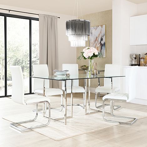 Lisbon Chrome and Glass Dining Table with 6 Perth White Leather Chairs