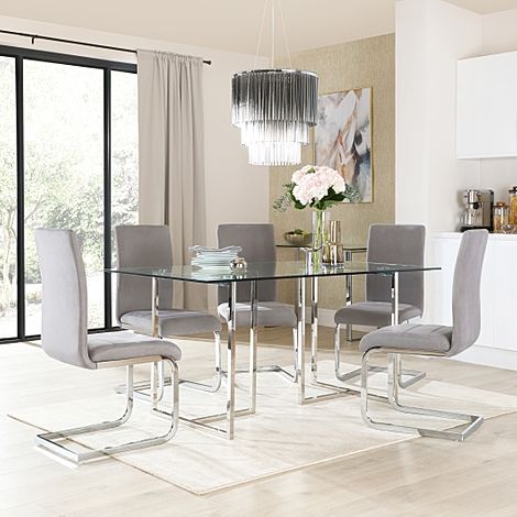 Lisbon Chrome and Glass Dining Table with 6 Perth Grey Velvet Chairs