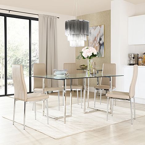 Lisbon Chrome and Glass Dining Table with 4 Leon Stone Grey Leather Chairs