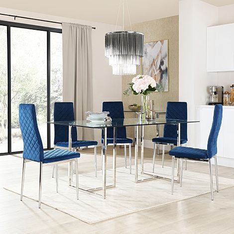 Lisbon Chrome and Glass Dining Table with 6 Renzo Blue Velvet Chairs