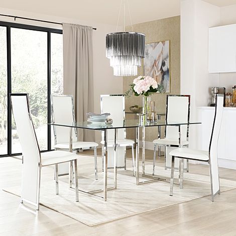 Lisbon Chrome and Glass Dining Table with 6 Celeste White Leather Chairs