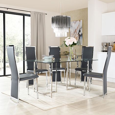 Lisbon Chrome and Glass Dining Table with 6 Celeste Grey Leather Chairs