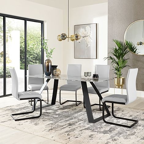 Ancona Marble Dining Table with 4 Perth Light Grey Leather Chairs (Black Legs)