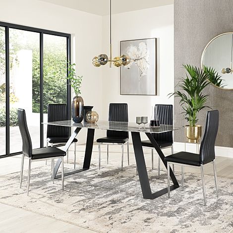 Ancona Marble Dining Table with 4 Leon Black Leather Chairs