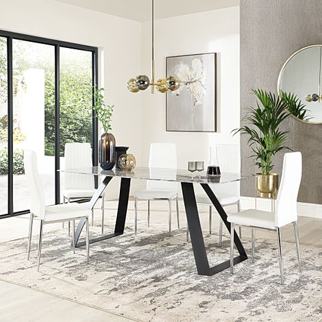 Ancona Marble Dining Table with 4 Leon White Leather Chairs
