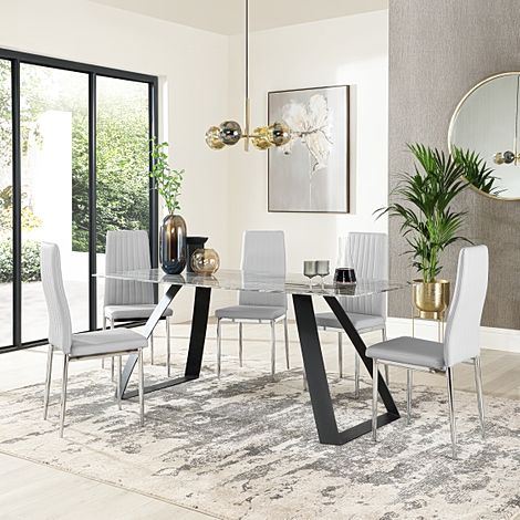 Ancona Marble Dining Table with 4 Leon Light Grey Leather Chairs