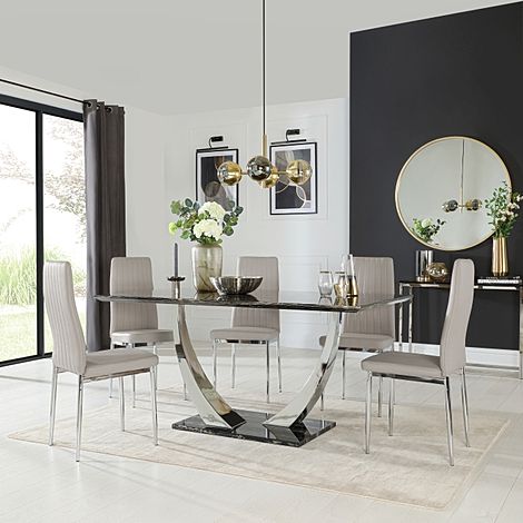 Peake Black Marble and Chrome Dining Table with 6 Leon Stone Grey Leather Chairs