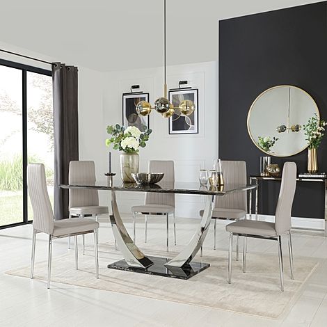 Peake Dining Table & 6 Leon Chairs, Black Marble Effect & Chrome, Stone Grey Classic Faux Leather, 160cm