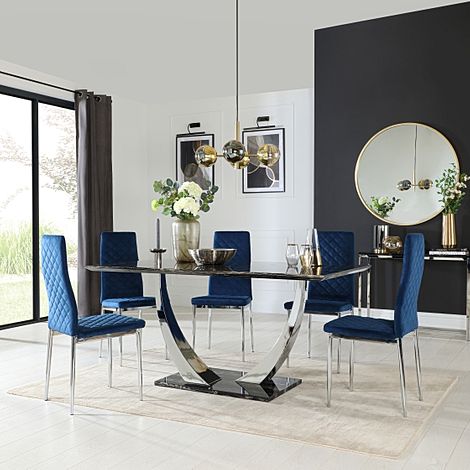 Peake Black Marble and Chrome Dining Table with 4 Renzo Blue Velvet Chairs