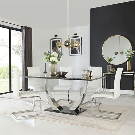 Peake Black Marble and Chrome Dining Table with 6 Perth White Leather Chairs