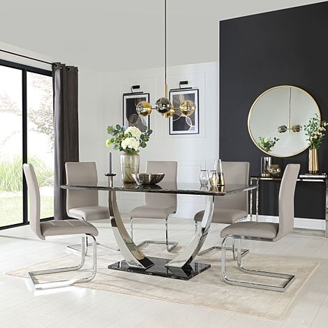 Peake Dining Table & 4 Perth Chairs, Black Marble Effect & Chrome, Stone Grey Classic Faux Leather, 160cm