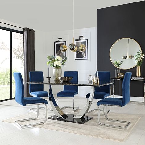 Peake Dining Table & 6 Perth Chairs, Black Marble Effect & Chrome, Blue Classic Velvet, 160cm