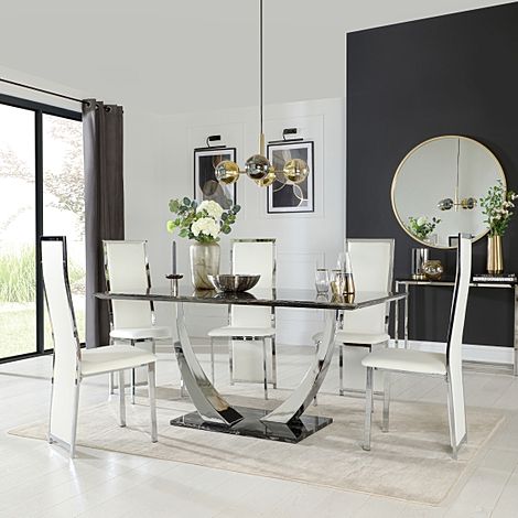 Peake Black Marble and Chrome Dining Table with 6 Celeste White Leather Chairs
