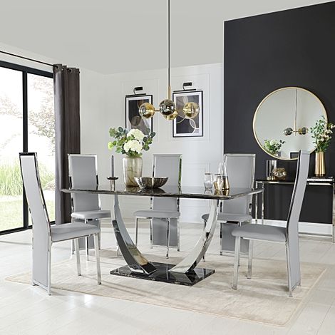 Peake Dining Table & 4 Celeste Chairs, Black Marble Effect & Chrome, Light Grey Classic Faux Leather, 160cm