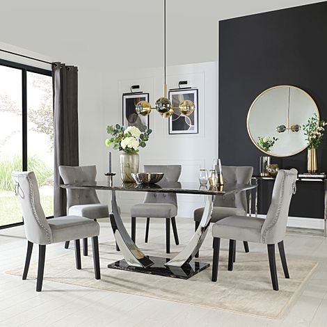 Peake Dining Table & 4 Kensington Chairs, Black Marble Effect & Chrome, Grey Classic Velvet & Black Solid Hardwood, 160cm