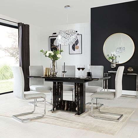 Florence Extending Dining Table & 4 Perth Chairs, Black Marble Effect, Dove Grey Classic Plush Fabric & Chrome, 120-160cm