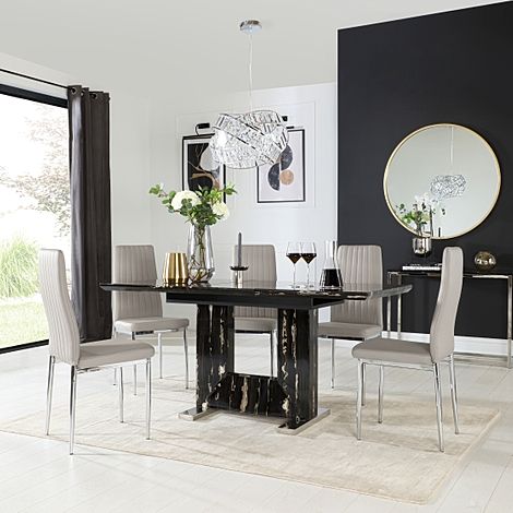 Florence Extending Dining Table 6 Leon Chairs Black Marble Effect Stone Grey Classic Faux Leather Chrome 120 160cm