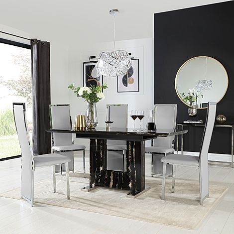 Florence Extending Dining Table & 4 Celeste Chairs, Black Marble Effect, Light Grey Classic Faux Leather & Chrome, 120-160cm