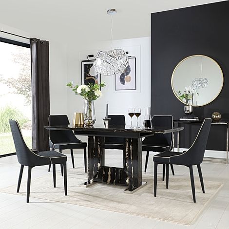 Florence Extending Dining Table & 4 Modena Chairs, Black Marble Effect, Black Classic Linen-Weave Fabric, 120-160cm