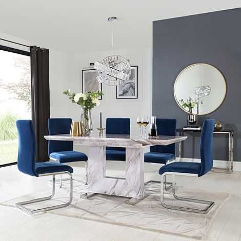 Florence Extending Dining Table & 6 Perth Chairs, Grey Marble Effect, Blue Classic Velvet & Chrome, 120-160cm