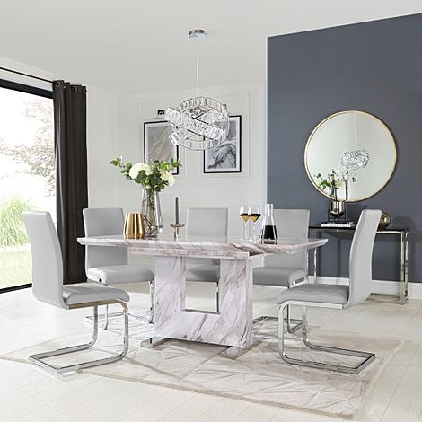 Florence Extending Dining Table & 4 Perth Chairs, Grey Marble Effect, Light Grey Classic Faux Leather & Chrome, 120-160cm