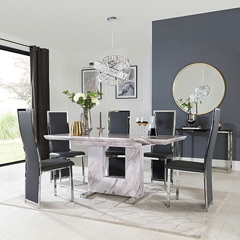 Florence Extending Dining Table & 6 Celeste Chairs, Grey Marble Effect, Grey Classic Faux Leather & Chrome, 120-160cm