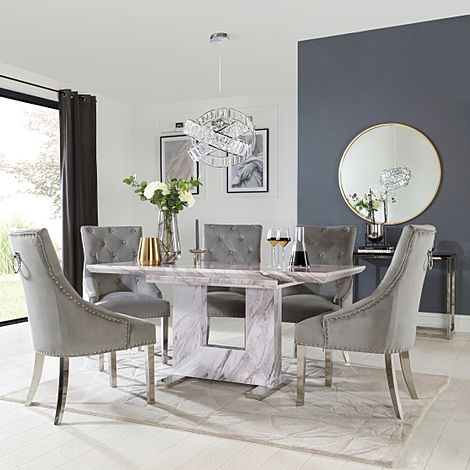 Florence Extending Dining Table & 6 Imperial Chairs, Grey Marble Effect, Grey Classic Velvet & Chrome, 120-160cm