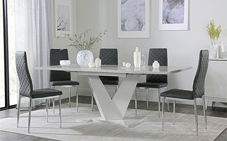 Turin Grey High Gloss Extending Dining Table with 6 Renzo Grey Leather Chairs