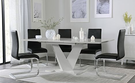 Turin Grey High Gloss Extending Dining Table with 8 Perth Black Leather Chairs
