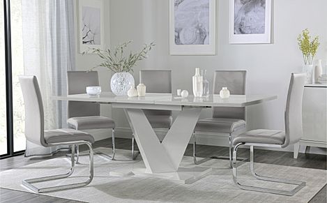 Turin Grey High Gloss Extending Dining Table with 6 Perth Light Grey Leather Chairs