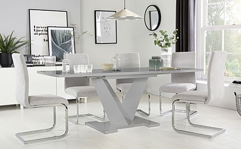 Turin Grey High Gloss Extending Dining Table with 6 Perth Dove Grey Fabric Chairs