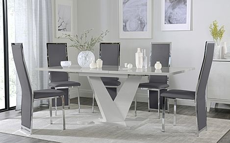 Turin Grey High Gloss Extending Dining Table with 8 Celeste Grey Leather Chairs