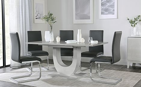 Oslo Grey High Gloss Extending Dining Table with 6 Perth Grey Leather Chairs