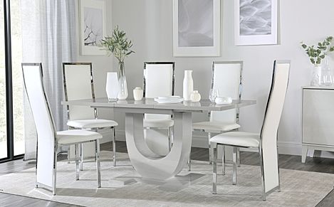 Oslo Grey High Gloss Extending Dining Table with 6 Celeste White Leather Chairs
