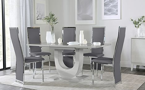 Oslo Grey High Gloss Extending Dining Table with 6 Celeste Grey Leather Chairs