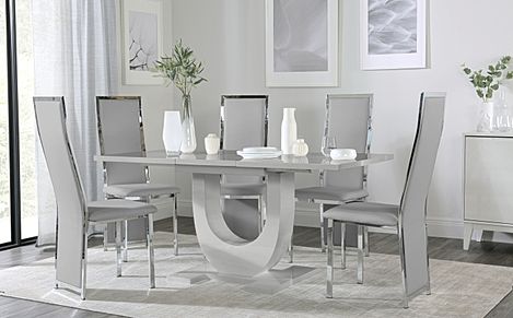 Oslo Grey High Gloss Extending Dining Table with 6 Celeste Light Grey Leather Chairs
