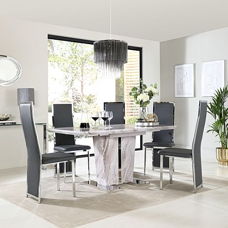 Vienna Extending Dining Table & 6 Celeste Chairs, Grey Marble Effect, Grey Classic Faux Leather & Chrome, 120-160cm