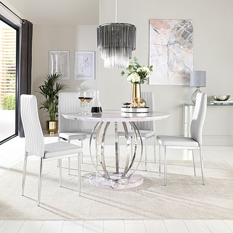 Savoy Round Grey Marble and Chrome Dining Table with 4 Leon Light Grey Leather Chairs