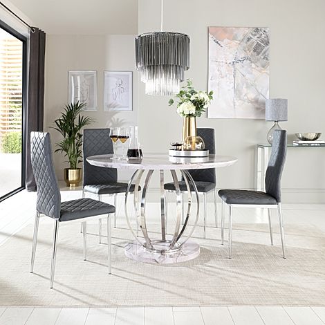 Savoy Round Dining Table & 4 Renzo Chairs, Grey Marble Effect & Chrome, Grey Classic Faux Leather, 120cm