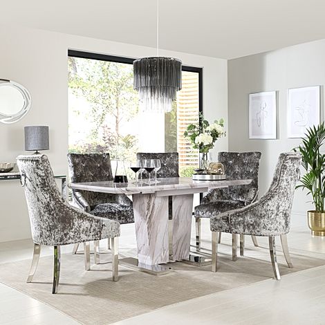Vienna Grey Marble Extending Dining Table with 6 Imperial Silver Velvet Dining Chairs