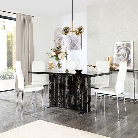 Magnus Black Marble Dining Table with 4 Renzo White Leather Chairs