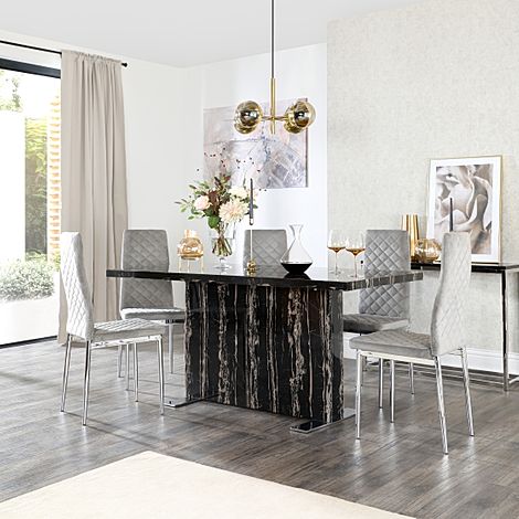 Magnus Black Marble Dining Table with 4 Renzo Grey Velvet Chairs