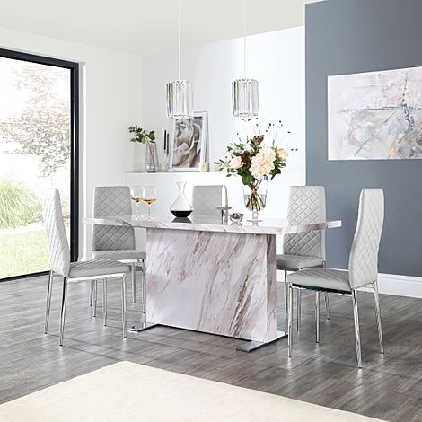 Magnus Grey Marble Dining Table with 6 Renzo Light Grey Leather Chairs