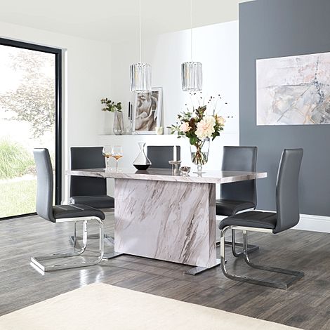 Magnus Grey Marble Dining Table with 6 Perth Grey Leather Chairs